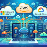 Azure vs AWS vs Google Cloud comparison illustration showing cloud platforms and data connections.