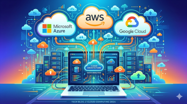 Azure vs AWS vs Google Cloud comparison illustration showing cloud platforms and data connections.