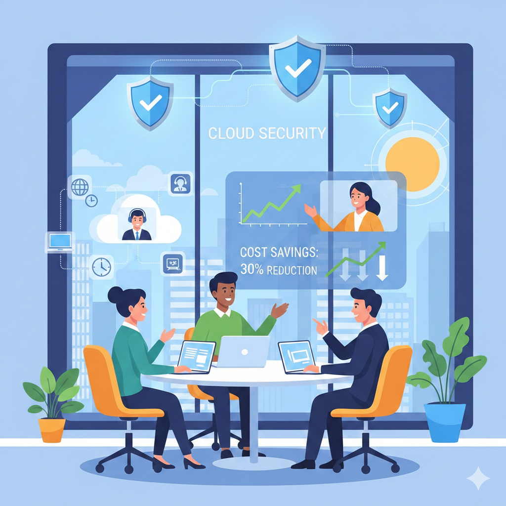 Cloud Computing 101: Benefits for SMBs 5 Employees using cloud computing tools for collaboration, productivity, and security in a small business