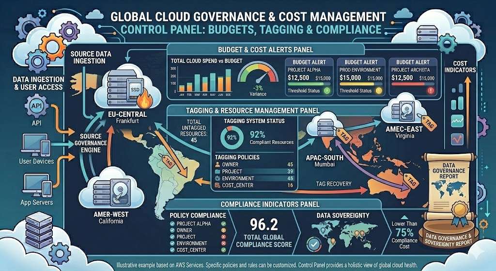 Cloud Cost Optimization: Smart Strategies to Reduce Cloud Expenses 9 Cloud governance dashboard showing budgets alerts and resource tagging